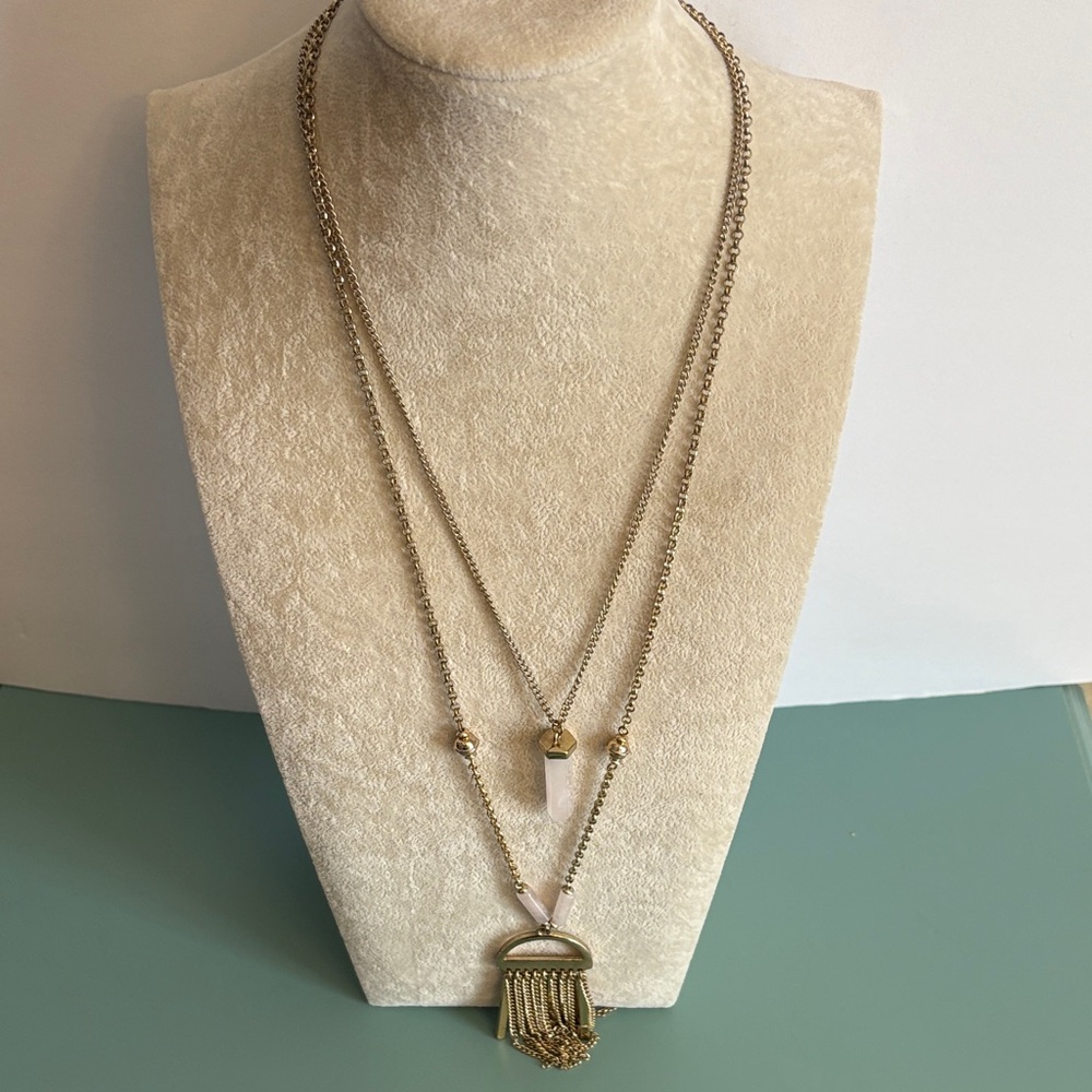 Gold-Tone Rose Quartz Stone Layered Tassel Necklace - Picture 6 of 9